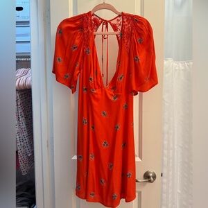 Free People Mockingbird Coral Red Floral Print Backless Mini Dress